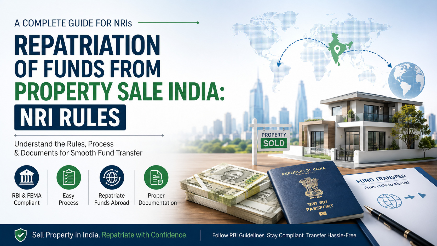 Repatriation of Funds From Property Sale India showing property sale proceeds, fund transfer documents, RBI guidelines, and international re